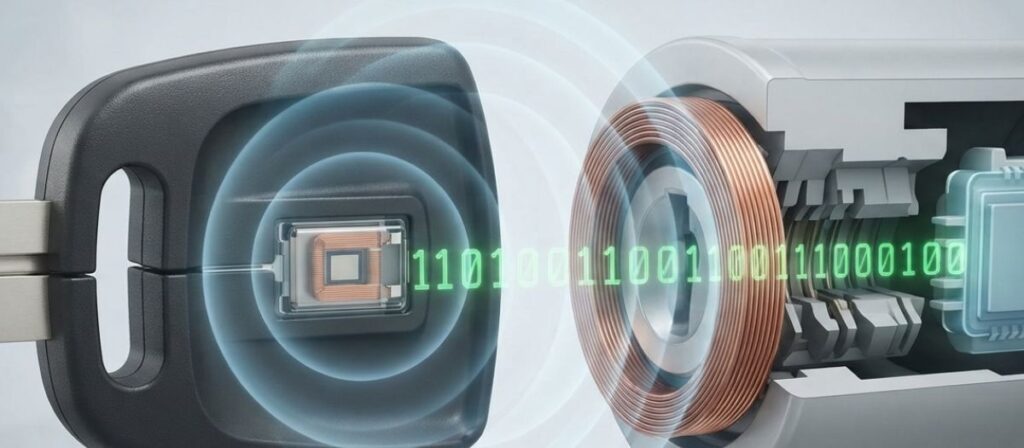 What is a transponder key diagram showing the chip inside the key head communicating with the ignition antenna