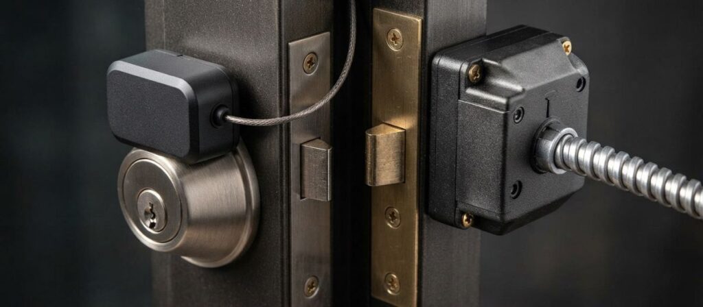 Access control with existing locks shown through wired and wireless retrofit hardware
