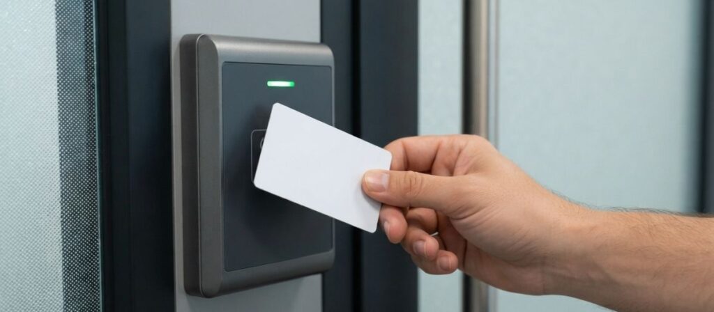Employee using keycard credential on an access control system for business entrance