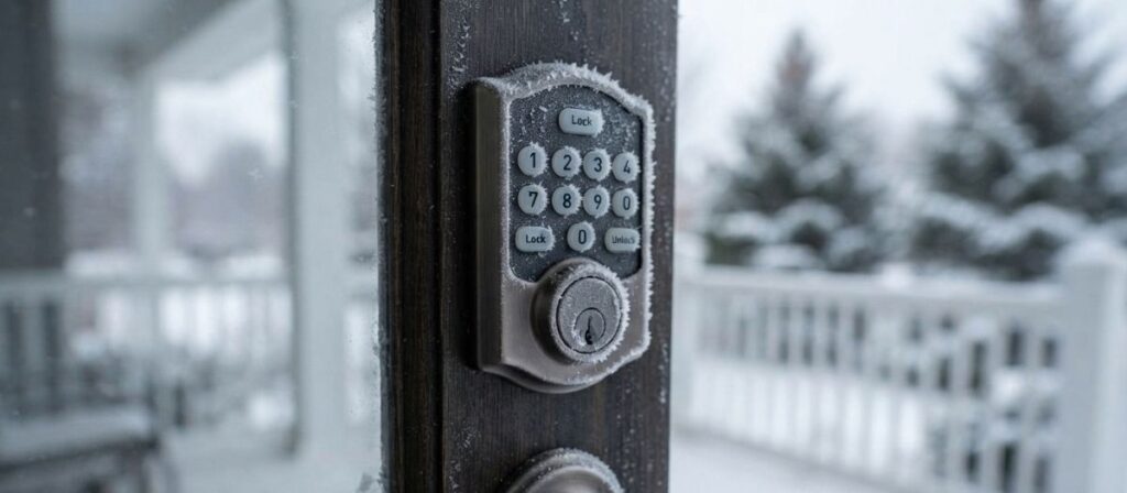 Frost-covered keypad on one of the best smart locks for cold weather, mounted on an Illinois front door on a winter morning