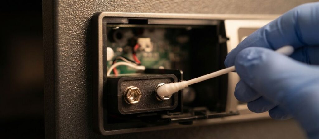 Checking battery contacts for electronic safe keypad not working diagnostic