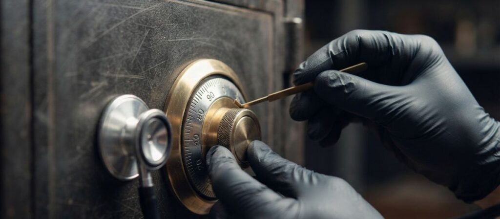 Locksmith working on forgot safe combination issue using non-destructive dial manipulation