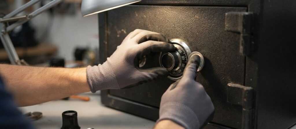 Locksmith demonstrating how locksmiths open a safe without drilling using dial manipulation technique