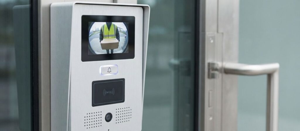 Intercom system installation with access control showing video verification at commercial entrance