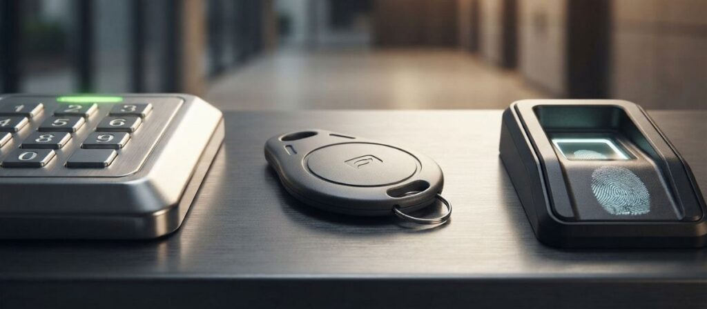 Keypad vs key fob vs biometric access control comparison showing three credential types