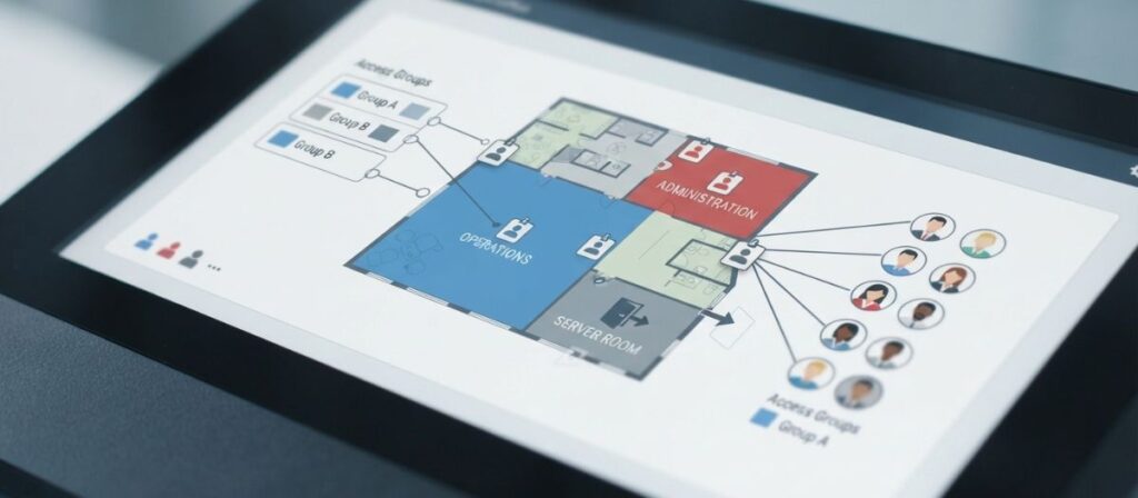 Setting employee access levels for commercial access control shown through door and zone mapping
