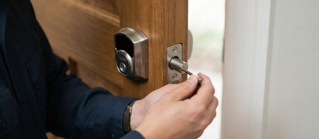 Locksmith checking deadbolt alignment with the strike plate on a smart lock door in Urbana IL