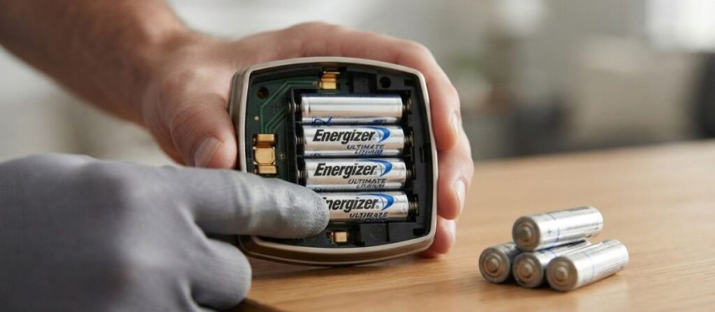 Hands replacing four AA lithium batteries in the interior battery compartment of a smart deadbolt before winter